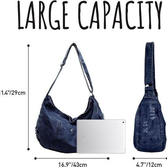 Denim Shoulder Bag for Women,Canvas Tote Messenger Bag with Zipper,Large Casual - Picture 2 of 6